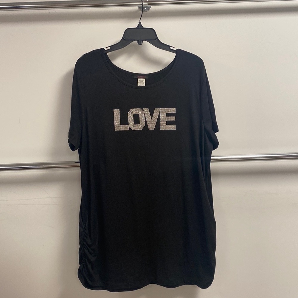 Short sleeve side cinch love rhinestone top